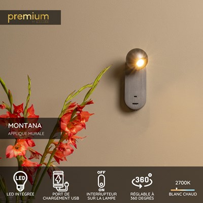 Lucide MONTANA - Applique murale - LED - CCT - 1x6,3W 2700K/4000K - Point de rechargement USB - Fer gris | Premium